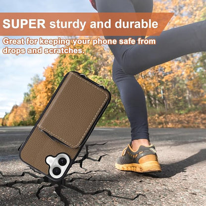 XANGNIER Wallet Case for iPhone 17 with Strap, RFID Blocking PU Leather Crossbody Phone Purse with Card Holder, Zipper Pocket, Wrist Strap & Adjustable Lanyard for Women 6.3" 5G,Brown