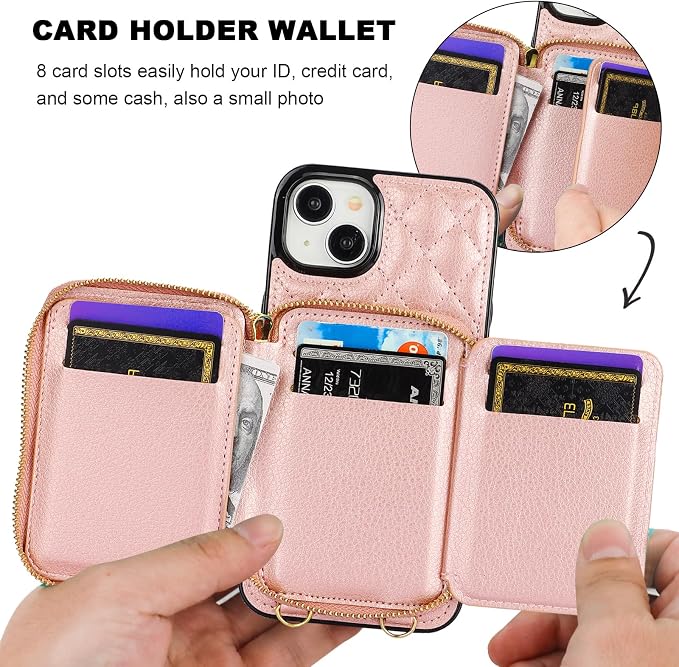 Bocasal Crossbody Wallet Case for iPhone 15 Plus, RFID Blocking PU Leather Zipper Handbag Purse Flip Cover, Kickstand Folio Case with Card Slots Holder Wrist Strap Lanyard 5G 6.7 Inch (Rose Gold)