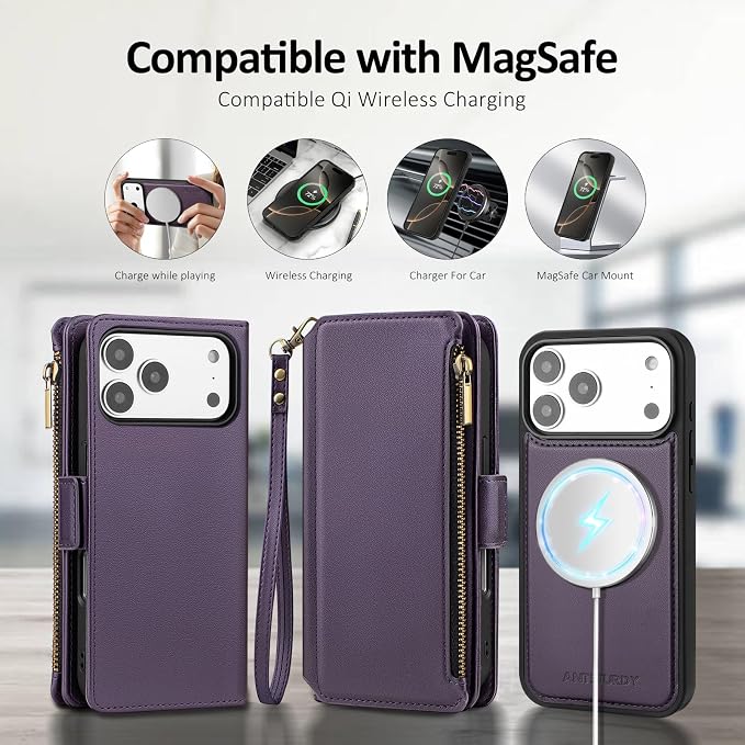 Antsturdy Compatible with Magsafe Magnetic 2 in 1 Detachable iPhone 17 Pro Wallet Case with Credit Card Holder Slots,PU Leather RFID Blocking Phone Cover Wrist Strap Zipper Women Men,Purple