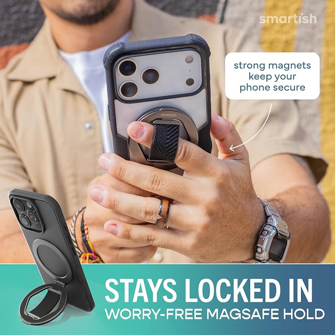 Smartish® MagSafe Grip Kickstand - Quickstand - Magnetic Cell Phone Finger Loop Grip - [Dual-Sided Magnets] Ring Holder Mount w/MagSafe Adapter Kit for Apple iPhone Accessories - Black Tie Affair