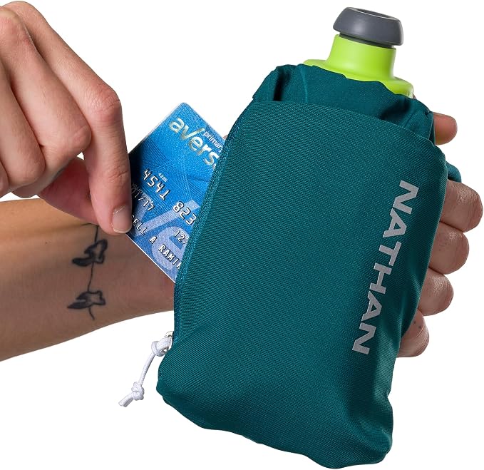Nathan SpeedDraw 2 Insulated Handheld Running Water Bottle Flask – Double-Wall Insulation, Ergonomic Grip, Blast Valve Cap, Phone & Key Storage Pockets, Reflective Design - 12oz, Deep Teal