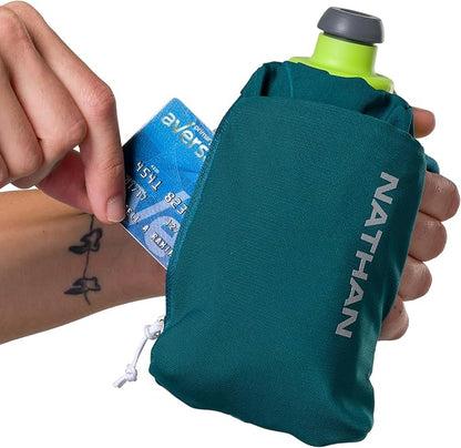 Nathan SpeedDraw 2 Insulated Handheld Running Water Bottle Flask – Double-Wall Insulation, Ergonomic Grip, Blast Valve Cap, Phone & Key Storage Pockets, Reflective Design - 12oz, Deep Teal