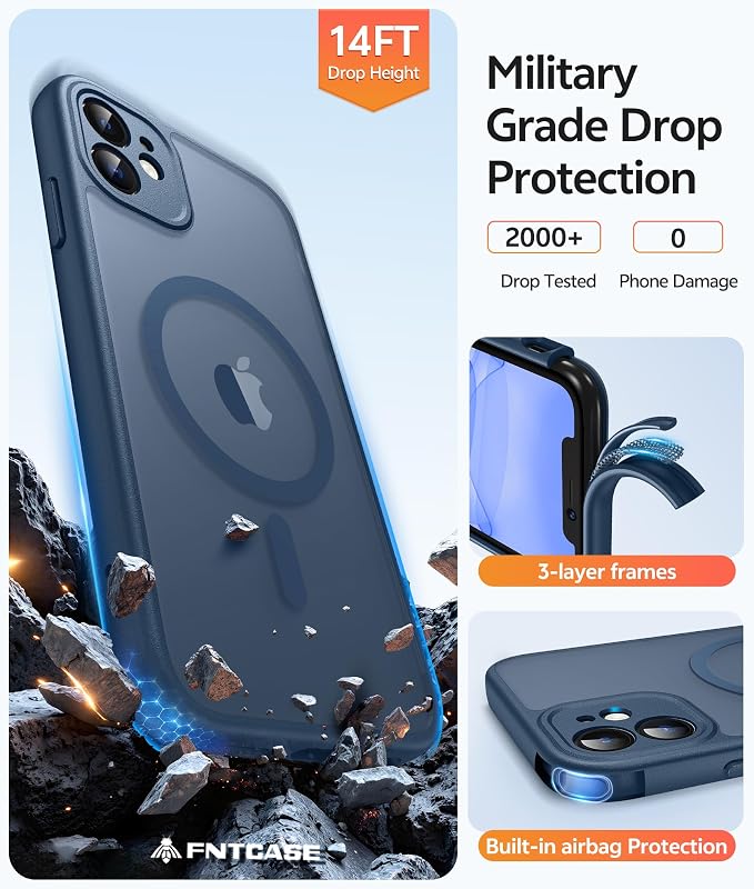 FNTCASE for iPhone 11 Case: [Compatible with Magsafe] Translucent Matte Magnetic Cases [Full Camera Protection] Military Grade Shockproof Protective Phone Cover - Blue