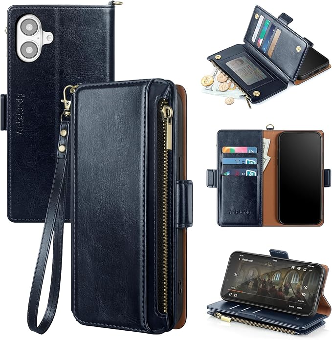 Antsturdy Compatible with iPhone 16 Plus Wallet Case,RFID Blocking PU Leather Phone Case Women Men Kickstand flip Cover Wrist Strap Zipper Credit Card Holder Slots for Apple 16 Plus 6.7",Dark Blue