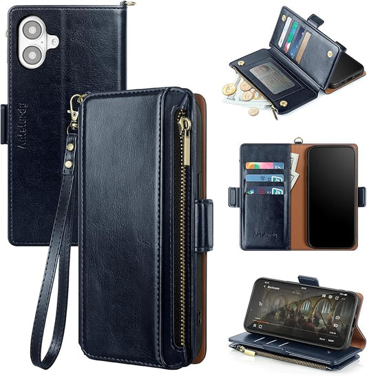Antsturdy Compatible with iPhone 16 Plus Wallet Case,RFID Blocking PU Leather Phone Case Women Men Kickstand flip Cover Wrist Strap Zipper Credit Card Holder Slots for Apple 16 Plus 6.7",Dark Blue