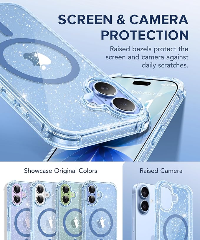 BERFY for iPhone 17 Case for Women, Clear Glitter Shockproof Protective Case, Anti-Yellowing, with Screen Protector & Camera Lens Protector 6.3", Magnetic Sparkle Blue