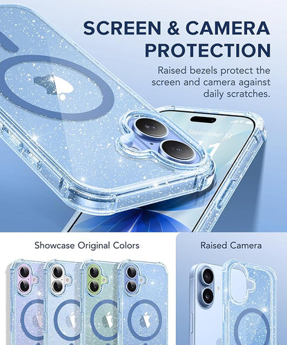 BERFY for iPhone 17 Case for Women, Clear Glitter Shockproof Protective Case, Anti-Yellowing, with Screen Protector & Camera Lens Protector 6.3", Magnetic Sparkle Blue