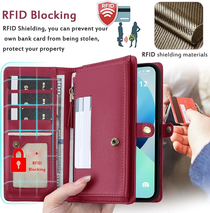 for Wallet Case Compatible with iPhone 14,Multi-Function Detachable 2 in 1 Magnetic iPhone 14 Case Wallet,Flip Strap Zipper Card Holder Phone Case with Shoulder Straps (Red)