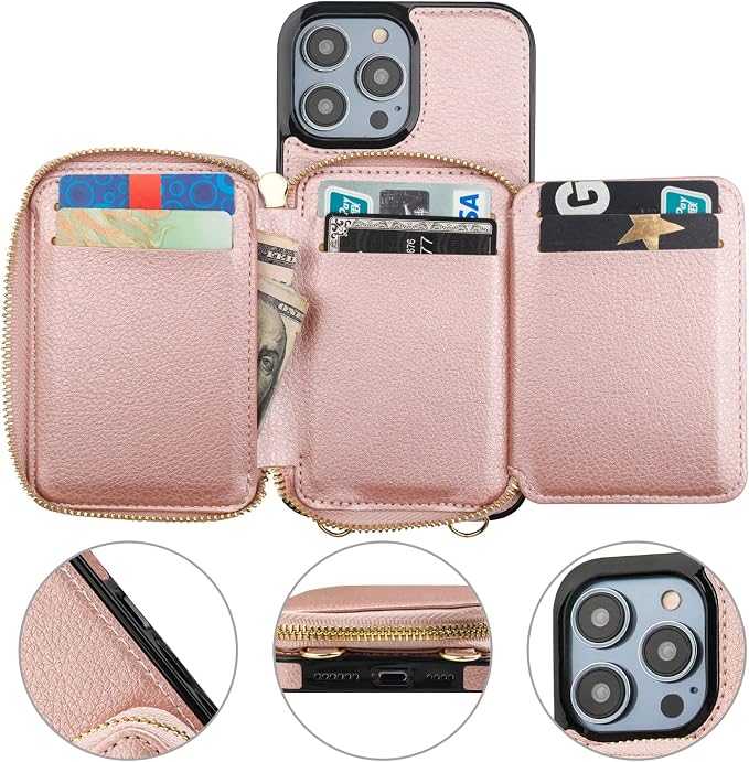 Bocasal RFID Blocking Wallet Case for iPhone 14 Pro Max, Adjustable Crossbody Zipper Purse with Kickstand and Detachable Wrist Strap, PU Leather Flip Folio Case 6.7 Inch 5G (Rose Gold)