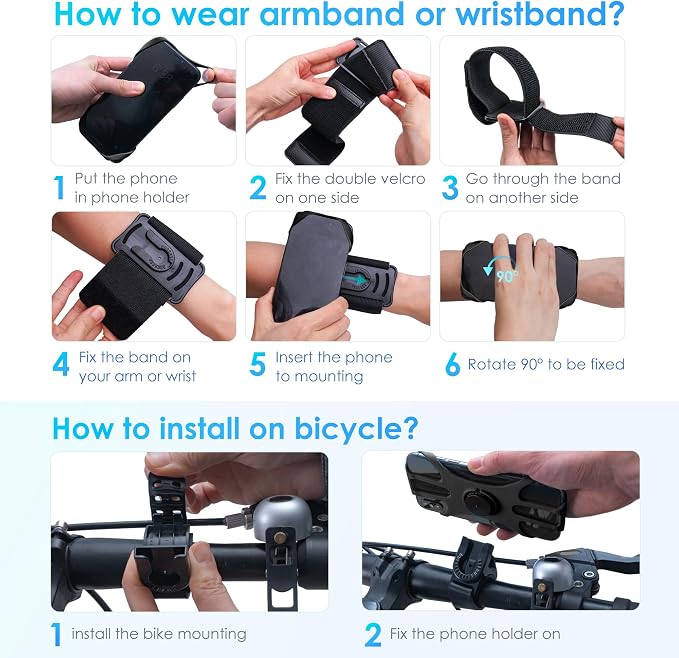 Cikyner Running Armband, 3 in 1 360° Rotatable & Detachable Sports/Bicycle Phone Holder for 4.5-7'' Smartphones, Ideal for Gym, Jogging, Hiking