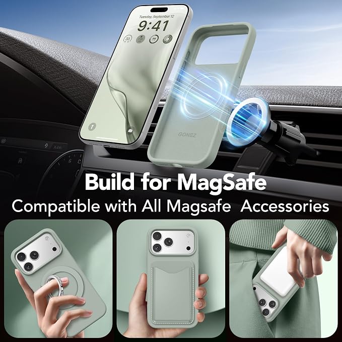 GONEZ Magnetic for iPhone 17 Pro Case, Compatible with MagSafe, [Screen Protector + Camera Lens Protector], Liquid Silicone Anti-Scratch Shockproof Protective Phone Case 6.3 inch, Calke Green