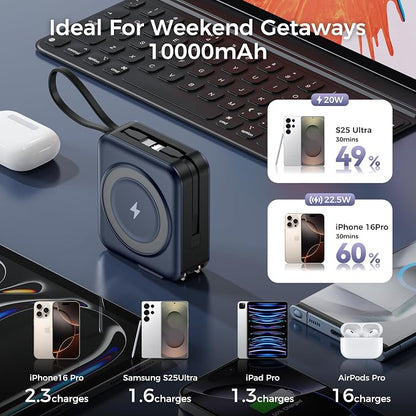 6-in-1 Magnetic Wireless Portable Charger 10000mAh – 22.5W Fast Charging with AC Wall Plug Built-in USB-C & Lightning Cables for iPhone 17/16/15/14/13/12, Android & Samsung(Deep Blue)