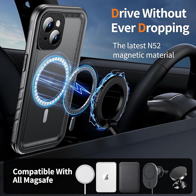 Cozycase for iPhone 13 Waterproof Shockproof Dustproof Case [Compatible with MagSafe] - Heavy Duty/360 Full Body/Military Grade/Rugged Hard Built in Screen/Camera Protector with Lanyard Black
