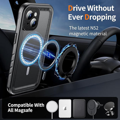 Cozycase for iPhone 13 Waterproof Shockproof Dustproof Case [Compatible with MagSafe] - Heavy Duty/360 Full Body/Military Grade/Rugged Hard Built in Screen/Camera Protector with Lanyard Black