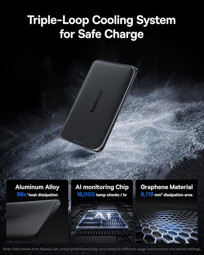 Baseus Picogo Power Bank, 0.3" Ultra Slim 5000mAh MagSafe Battery Pack, Update Polished Alloy Magnetic Portable Charger, Wireless Charger with USB-C Cable for iPhone 17 Pro Max/17 Air/16/15/14/13/12