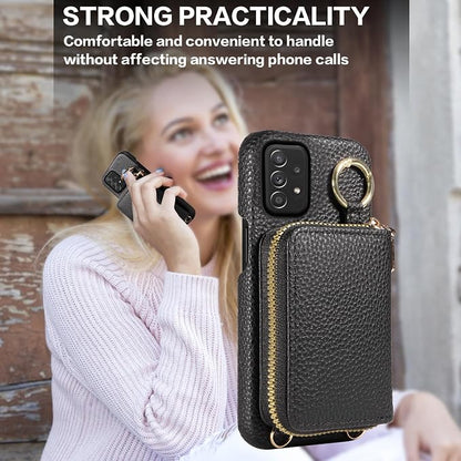 Wallet Case for Samsung Galaxy A52/A52S 5G with Shoulder Strap Ring Buckle, PU Leather Zipper Organ Purse, Credit Card Holder Stand Cell Phone Cover for A 52 S 4G G5 52A S52 52S Women Men Black