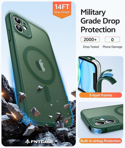 FNTCASE for iPhone 11 Case: [Compatible with Magsafe] Translucent Matte Magnetic Cases [Full Camera Protection] Military Grade Shockproof Protective Phone Cover - Green