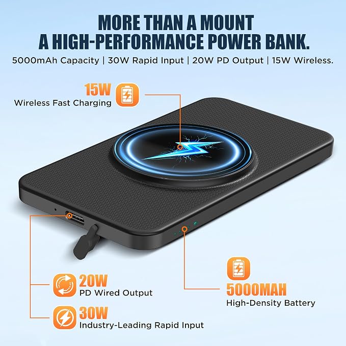 Phone Holder Bike Mount with Detachable Power Bank 5000 mAh– Fast Magnetic Wireless Charging for Strollers, Motorcycles, Gym Equipment, and More – Stable, Secure Design, Water-Resistant
