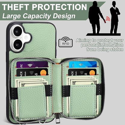 XANGNIER Wallet Case for iPhone 17 with Strap, RFID Blocking PU Leather Crossbody Phone Purse with Card Holder, Zipper Pocket, Wrist Strap & Adjustable Lanyard for Women 6.3" 5G, Green