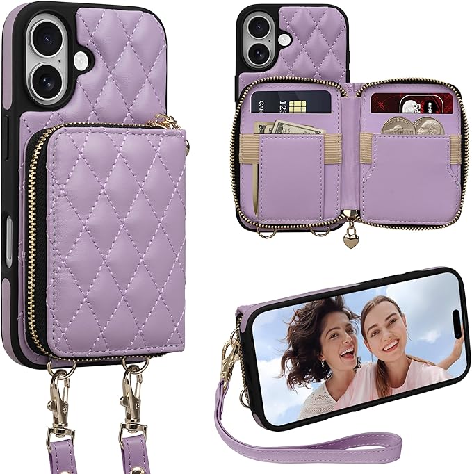 Keallce Case for iPhone 17 6.3'' Wallet Case, Crossbody Zipper Purse with Wrist Strap Lanyard Handbag, RFID Blocking Card Holders, Kickstand Flip Leather Cover for iPhone 17, Purple