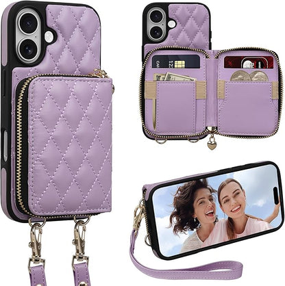 Keallce Case for iPhone 17 6.3'' Wallet Case, Crossbody Zipper Purse with Wrist Strap Lanyard Handbag, RFID Blocking Card Holders, Kickstand Flip Leather Cover for iPhone 17, Purple