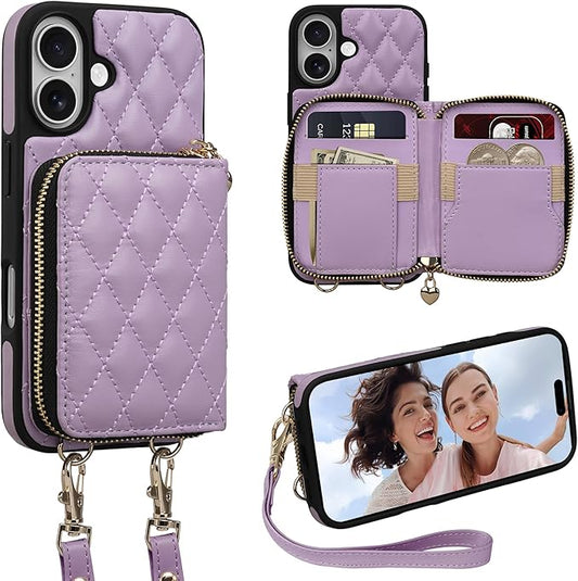 Keallce Case for iPhone 17 6.3'' Wallet Case, Crossbody Zipper Purse with Wrist Strap Lanyard Handbag, RFID Blocking Card Holders, Kickstand Flip Leather Cover for iPhone 17, Purple