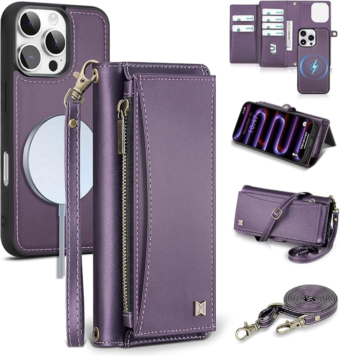 Wallet Case for iPhone 16 Pro Max with Card Holder/Crossbody Wallet/Strap| RFID Blocking | Magnetic | Kickstand | Detachable | PU Leather Phone Case for iPhone 16 Pro Max,6.9 in,Purple