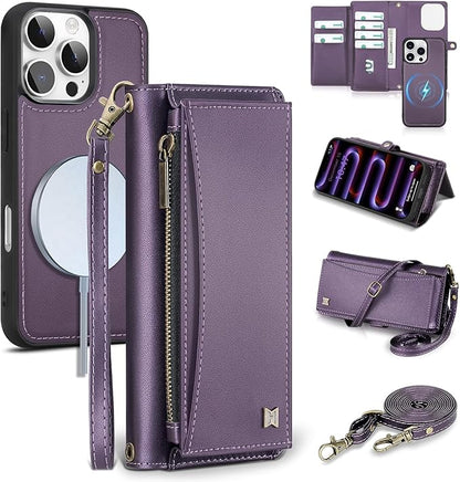 Wallet Case for iPhone 16 Pro Max with Card Holder/Crossbody Wallet/Strap| RFID Blocking | Magnetic | Kickstand | Detachable | PU Leather Phone Case for iPhone 16 Pro Max,6.9 in,Purple