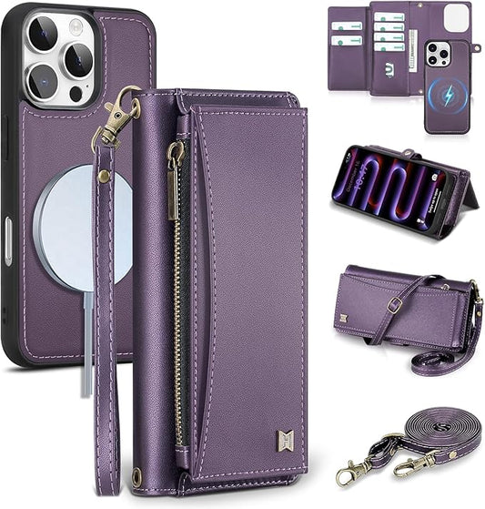 Wallet Case for iPhone 16 Pro Max with Card Holder/Crossbody Wallet/Strap| RFID Blocking | Magnetic | Kickstand | Detachable | PU Leather Phone Case for iPhone 16 Pro Max,6.9 in,Purple