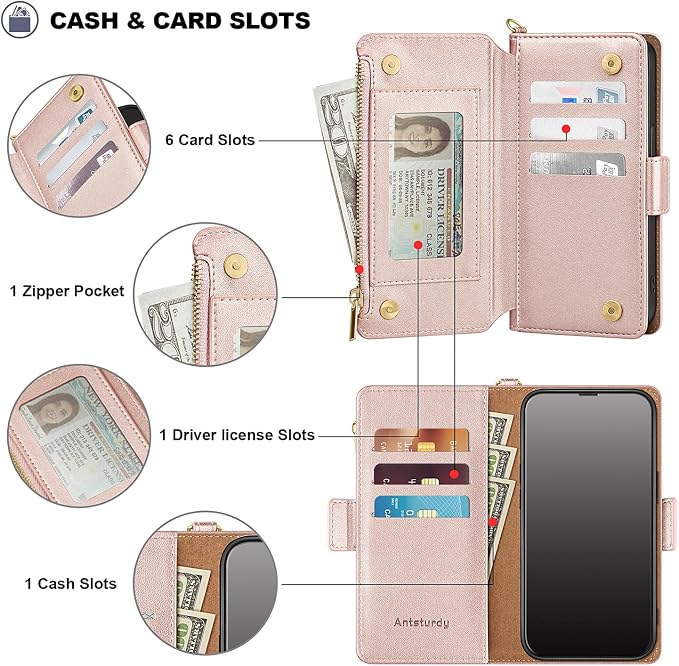 Antsturdy Compatible with iPhone 15 Wallet Case Card Holder【RFID Blocking】 PU Leather Phone Case Women Men flip Protective Cover Wrist Strap Zipper Credit Card Slots,for Apple 15 6.1",Rose Gold
