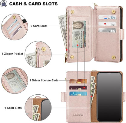 Antsturdy Compatible with iPhone 12 mini Wallet Case,RFID Blocking PU Leather Phone Case Women Men Kickstand Flip Cover Wrist Strap Zipper Credit Card Holder Slots,for Apple 12 mini,Rose Gold