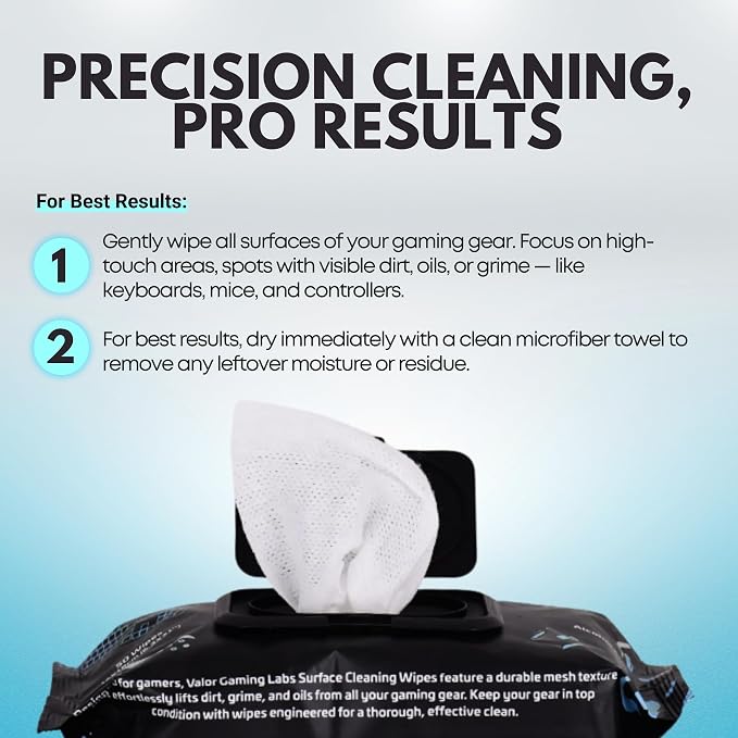 Gaming Peripheral Wipes, Keyboard Cleaner & Electronic Wipes, Safe for Controllers, Keyboards, Laptops, PCs & Mice – Alcohol-Free, Unscented, Paraben-Free, Cleaning Wipes - 50 Pack