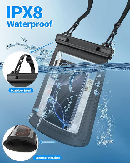 Extra Large Size Waterproof Phone Pouch - [Floating] Water Proof Pouch for iPhone Galaxy Google and More, IPX8 Waterproof Dry Bag for Beach Vacation Belongings Clear Black