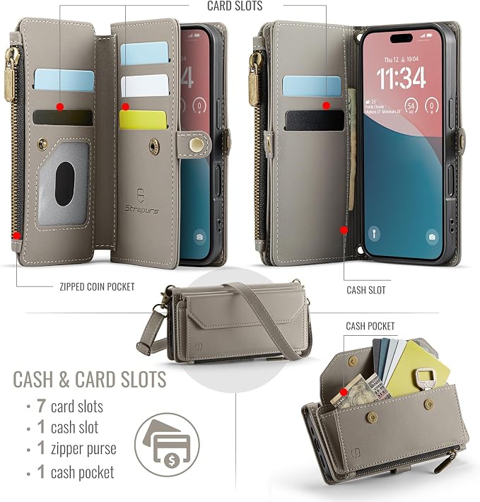 Strapurs Wallet Case Compatible with iPhone 16 6.1" RFID Blocking 7-Card Holder Soft PU Leather Magnetic Snap Shoulder Strap Zipper Pocket Phone Case Fit for iPhone 16 for Women - Grey