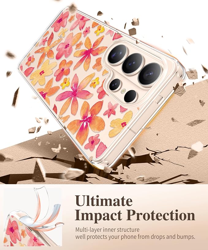 GVIEWIN for Samsung Galaxy S26 Ultra Case, Clear Floral Slim Shockproof Protective Women Phone Case, Non-Yellowing, with Screen Protector &Camera Lens Protector for S26 Ultra 6.9", Hemerocallis/Orange