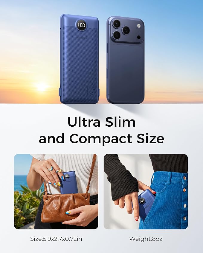 VEGER Portable Charger with Built-in AC Plug and Cables, All in One 10000mAh Ultra Slim Power Bank Travel Essentials, USB C External Battery Pack Compatible with iPhone, Samsung, More, Navy