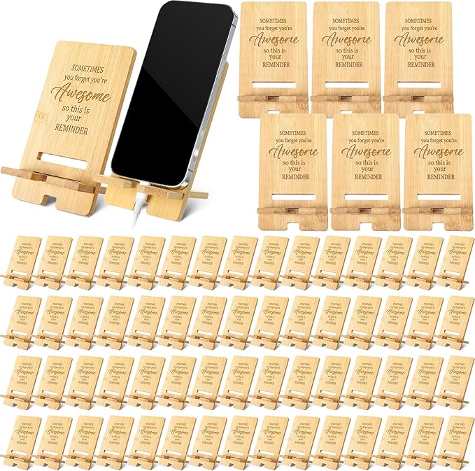Ripeng 60 Pcs Employee Appreciation Gifts Bulk Bamboo Phone Stand for Desk Office Worker Thank You Gift for Administrative Team Coworkers Staff Graduation Nurse Teacher Week (Awesome Reminder)