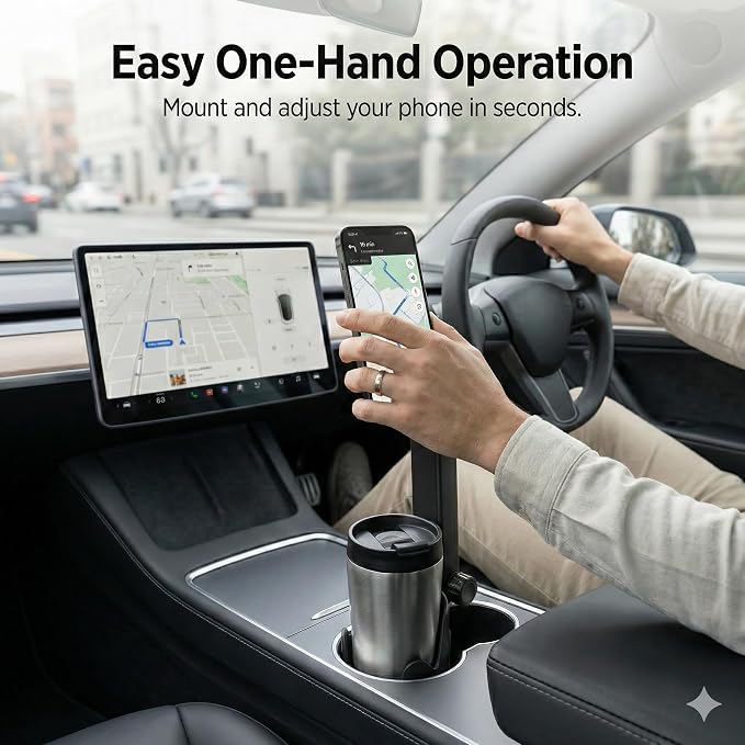 Adjustable Magnetic Cup Holder Phone Mount – MagSafe Compatible, Expandable Base, Long Arm Telescopic Car Holder, Includes Metal Ring for iPhone & Android