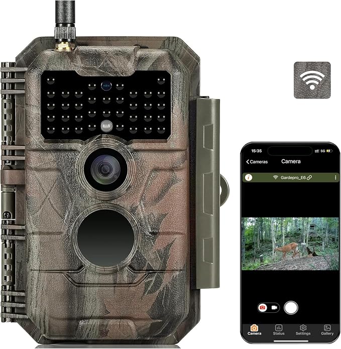 GardePro E6 WiFi Trail Camera (Non-Cellular), 64MP Photos, 1296P HD Video, App Control with Live View, 110° Wide-Angle, No-Glow Night Vision, Motion Activated