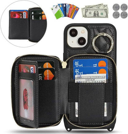 Crossbody Wallet Case for iPhone 14 Plus, PU Leather Zipper Handbag Purse Flip Cover, Kickstand Folio Case with Card Slots Holder Wrist Strap Lanyard 5G 6.7 Inch-Black