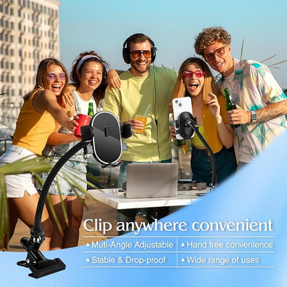 ROCKFREE Clip Phone Holder with 360° Gooseneck Arm & Auto-Locking Clamp,Short/Medium/Long Arm Options for Desk, Mic Stand, Table,Treadmill – Fits 4-7" Smartphones(Long-9.84 inch Arm)