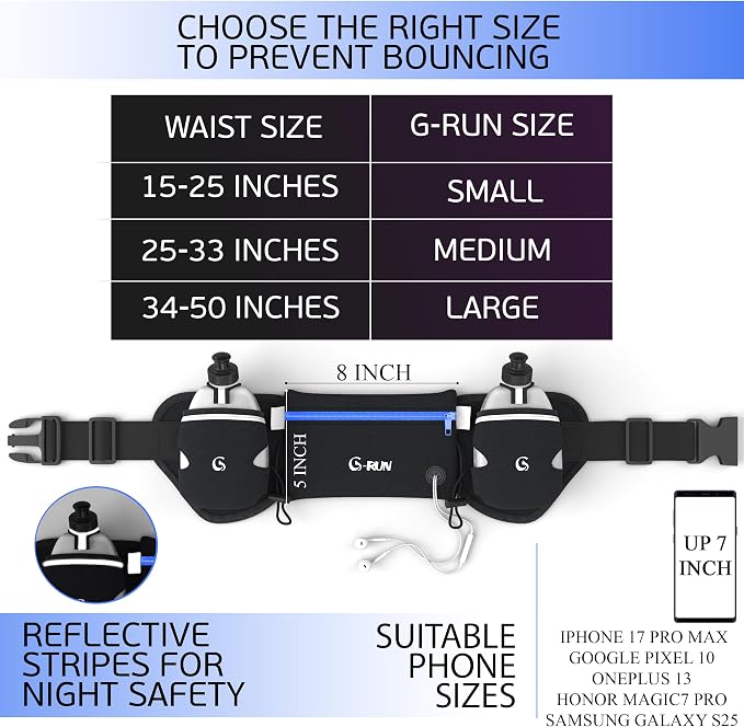 Q-RUN Hydration Running Belt with 2 x 10oz Water Bottles, No Bounce Adjustable Waist Belt for Men & Women, Marathon Running Gear