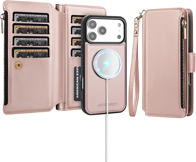 Antsturdy Compatible with Magsafe Magnetic 2 in 1 Detachable iPhone 17 Pro Wallet Case with Credit Card Holder Slots,PU Leather RFID Blocking Phone Cover Wrist Strap Zipper Women Men,Rose Gold