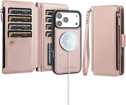 Antsturdy Compatible with Magsafe Magnetic 2 in 1 Detachable iPhone 17 Pro Wallet Case with Credit Card Holder Slots,PU Leather RFID Blocking Phone Cover Wrist Strap Zipper Women Men,Rose Gold