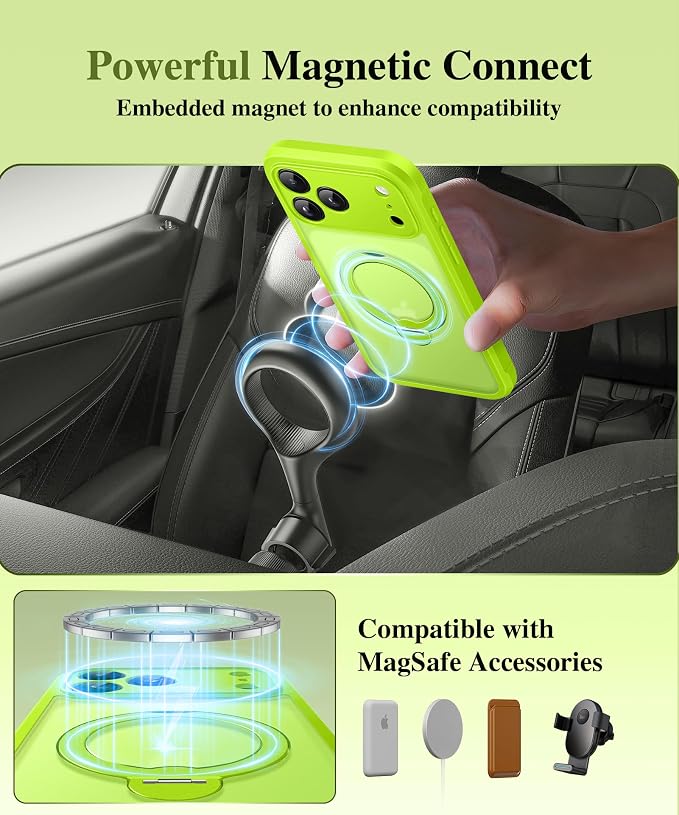 BERFY for iPhone 17 Pro Max Case, Compatible with MagSafe, Built in Privacy Screen Protector, Shockproof Full Body Phone Case for 17 Pro Max with Magnetic Stand, Translucent Bright Green