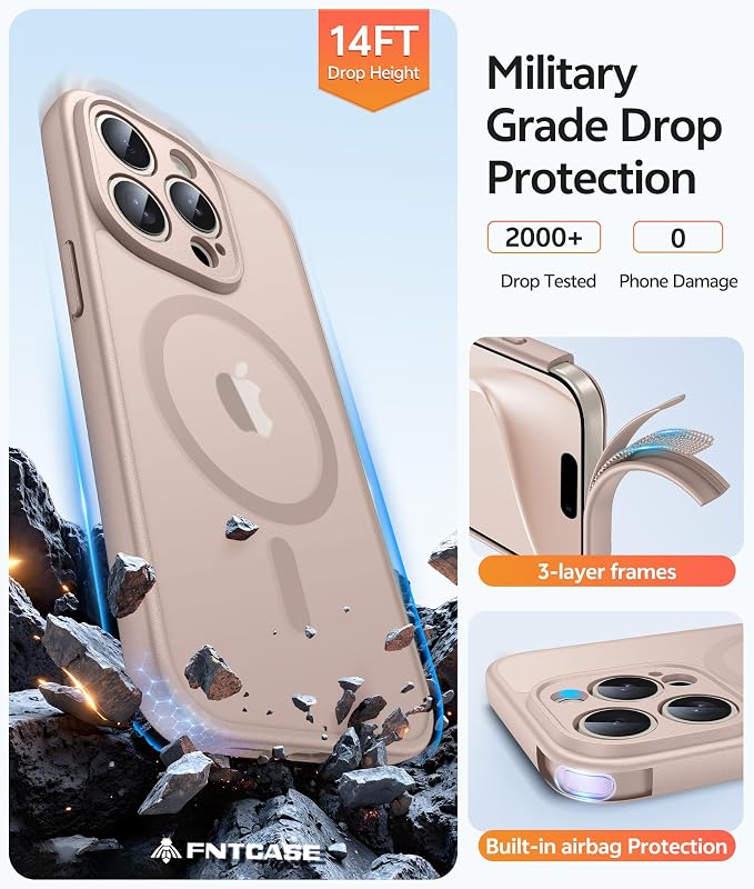 FNTCASE for iPhone 15 Pro Max Case: [Compatible with Magsafe] Translucent Matte Cases with [Full Camera Protection] [Screen Protector] Military Grade Shockproof Protective Phone Cover - Desert Gold