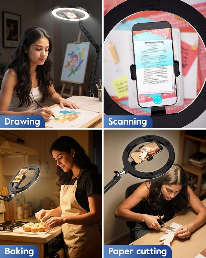 Ring Light with Stand & Lockable Wheels, Ring Light Tripod for iPhone with Phone Holder for Video Recording, Overhead Phone Mount, 30 Lighting Combinations, Perfect for Crafts/Live Streaming/Tutorials