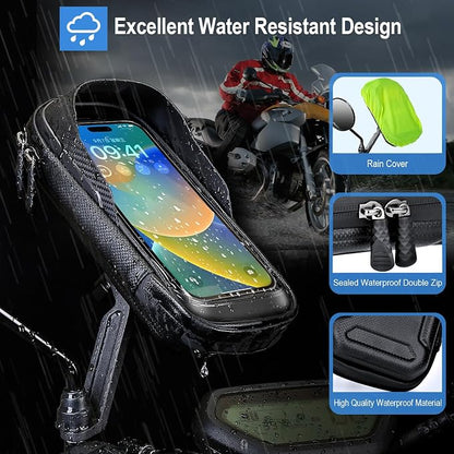 Waterproof Motorcycle Phone Mount 360° Rotation Motorcycle Rearview Mirror Phone Holder Anti-Shake Large Capacity Motorcycle Cell Phone Holder with Sun Visor and TPU Touch Screen