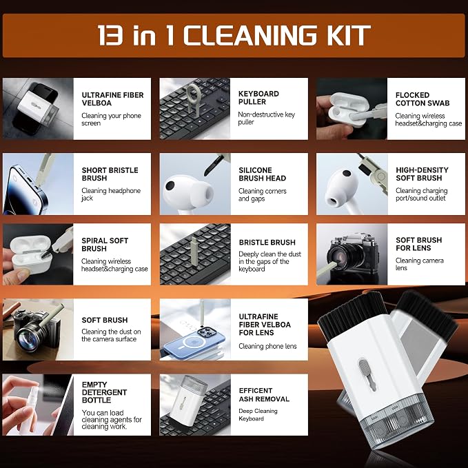 Keyboard Cleaning Kit-13-in-1 Multifunctional Cleaner Kit-Laptop Cleaner Compatible with iPad iPhone Pro Earbuds Airpod MacBook-Electronics Cleaning Brush Tool for Charging Port,Computer Screen