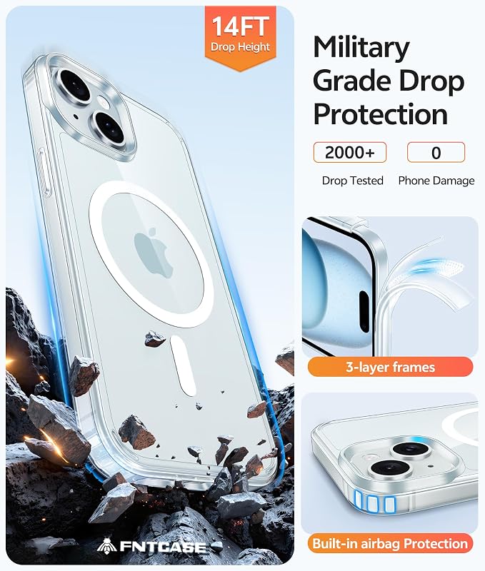 FNTCASE for iPhone 15 Plus Case: for iPhone 14 Plus Case [Compatible with Magsafe] [Screen Protector] Anti Yellowing Transparent Clear Magnetic Phone Cover - Military Grade Shockproof Cases - Clear